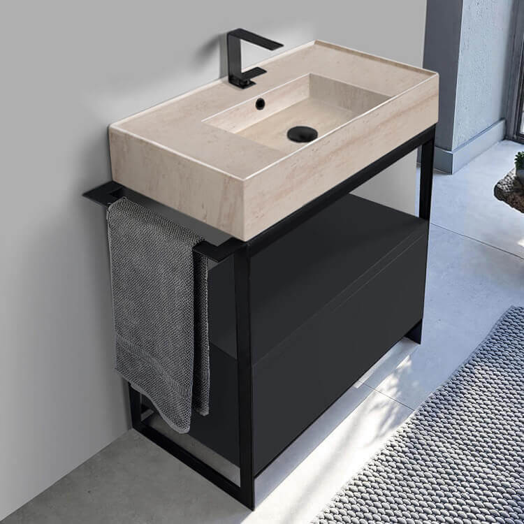 Scarabeo 5123-E-SOL1-49-One Hole Console Sink Vanity With Beige Travertine Design Ceramic Sink and Matte Black Drawer